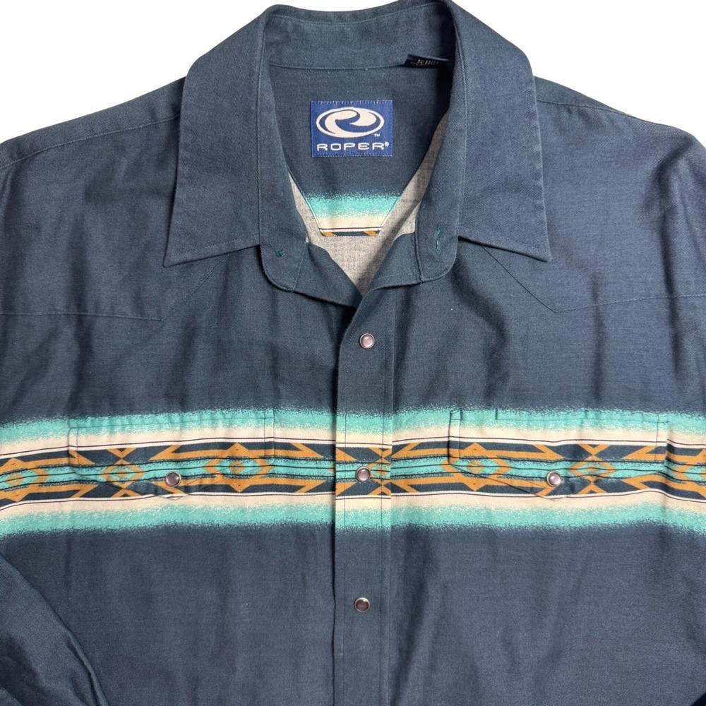 Roper Mens Western Shirt Large‎ Aztec Teal Long Sleeve Button Up Pearl Snap